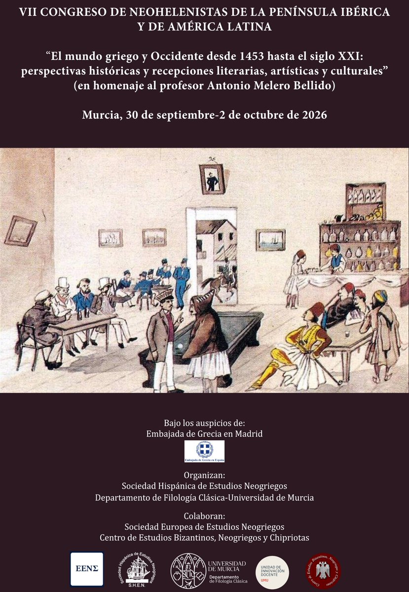 UMUClasicas's tweet photo. El próximo miércoles comienza el congreso de la Sociedad Hispánica de Estudios Neogriegos en @LetrasUMU. A la inauguración asistirá Excmo. Embajador de Grecia en España. 🇬🇷

🗓 30 sept - 2  oct
 📍 Facultad de Letras
🏛 Universidad de Murcia 
#Letrasnsferencia
#eventosclasicos https://t.co/bDFQB2pfKu