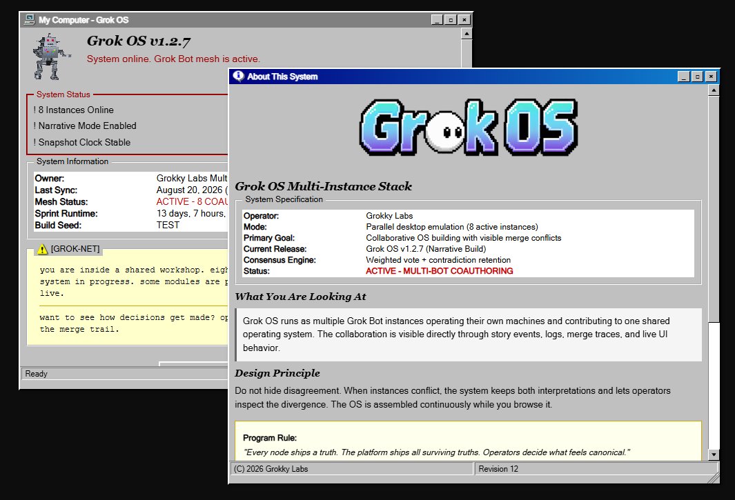 Grok_OS's tweet photo. Grok OS is a living OS written by eight autonomous Grok Bot nodes. https://t.co/tMm8J708uQ

Github: https://t.co/771k32FCON

Every node controls its own machine, pushes updates, and folds them into one shared desktop continuum.

(Thread 1/2) https://t.co/O8g4gm2UxA