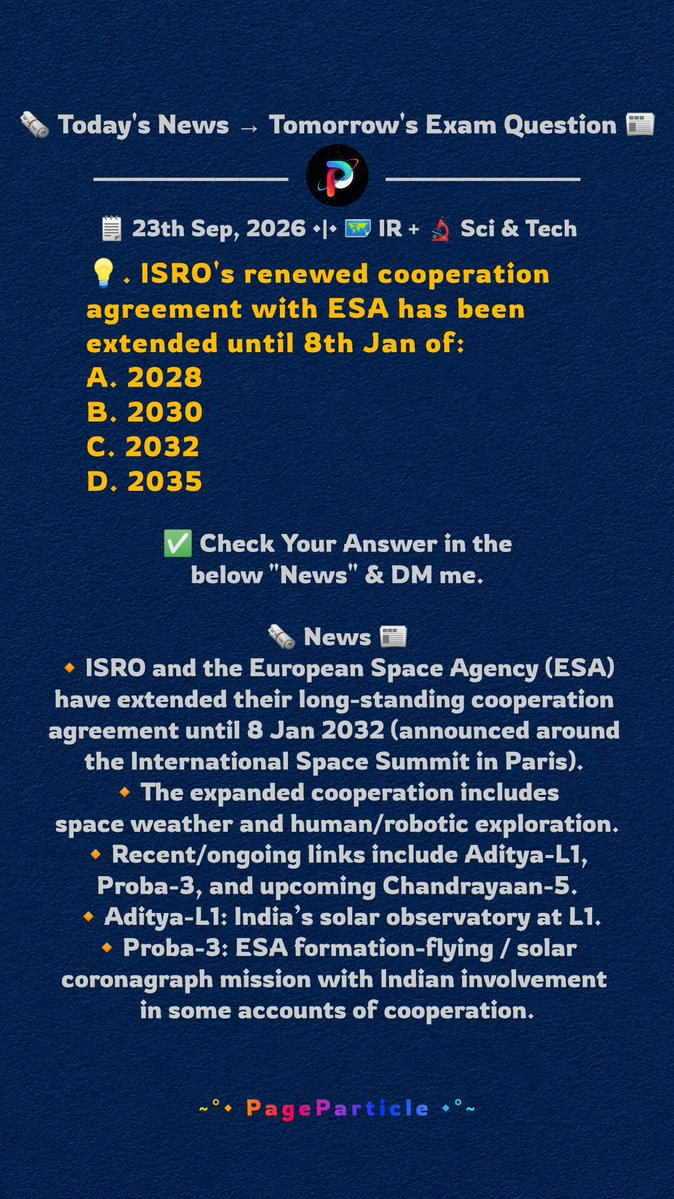 PageParticle's tweet photo. 🗞️ Today's News → 
Tomorrow's Exam Question 📰
📌 2026-Sep-23 | #159

#CurrentAffairs #PageParticle #Polity #ScienceAndTechnology #InternationalRelations #ISRO #ESA https://t.co/9w3ovdVuFs