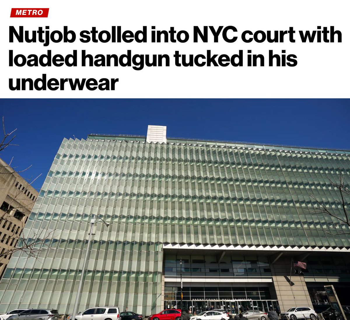 Crime_In_NYC's tweet photo. Jamal Frett, 26, snuck a black Ruger pistol locked and loaded with five rounds into the Bronx County Hall of Justice around 11:10 a.m. on Sept. 21, a criminal complaint says.

In the courtroom, he began to act disorderly.

While officers were subduing him, they discovered the handgun he had hidden in his waistband.

A Unified Court System spokesman said that security camera footage showed Frett — a parolee from state prison who had been released in March — had walked through metal detectors before entering the building an hour before the gun was shockingly discovered.

Frett told officers he wore an ankle monitor on his leg and was patted down after he set off a magnetometer, security camera footage also showed.

“Officers, using a handheld scanner, patted Mr. Frett down and discovered no immediate presence of a weapon,” the spokesman said.

The repeat offender has a staggering 18 prior arrests, including 12 for felonies.

He was last in court on Sept. 8 for a pending case where he and other "brutes" allegedly slashed a woman on the head while she was walking to the supermarket on April 30.

https://t.co/QqasWUWW7c