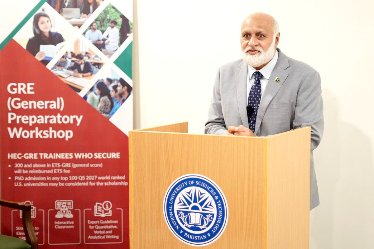 hecpkofficial's tweet photo. Chairman HEC Prof. Dr. Niaz Ahmad Akhtar, while addressing the certificate distribution ceremony of the GRE General Preparatory Workshop at NUST, Islamabad, highlighted the immense talent, capabilities, and potential of Pakistani youth to excel on national and Intl. platforms. https://t.co/WdBkyEWfG9