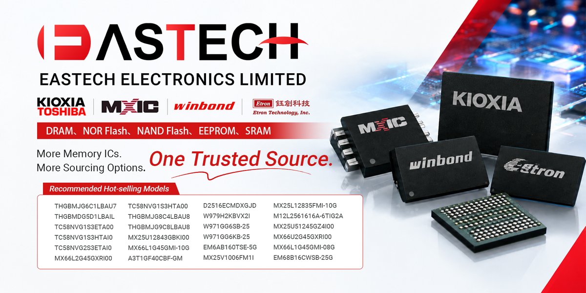 Eastech2004's tweet photo. More Memory ICs. More Sourcing Options. One Trusted Source.
We offer a wide range of DRAM, NOR Flash, NAND Flash, EEPROM and SRAM from leading manufacturers.
๐https://t.co/kDFd9biGil
#Kioxia #Toshiba #Macronix #Winbond #memorychips #dram #sdram #eeprom #modules #ddr #nandflash https://t.co/l4TBrD3ACc