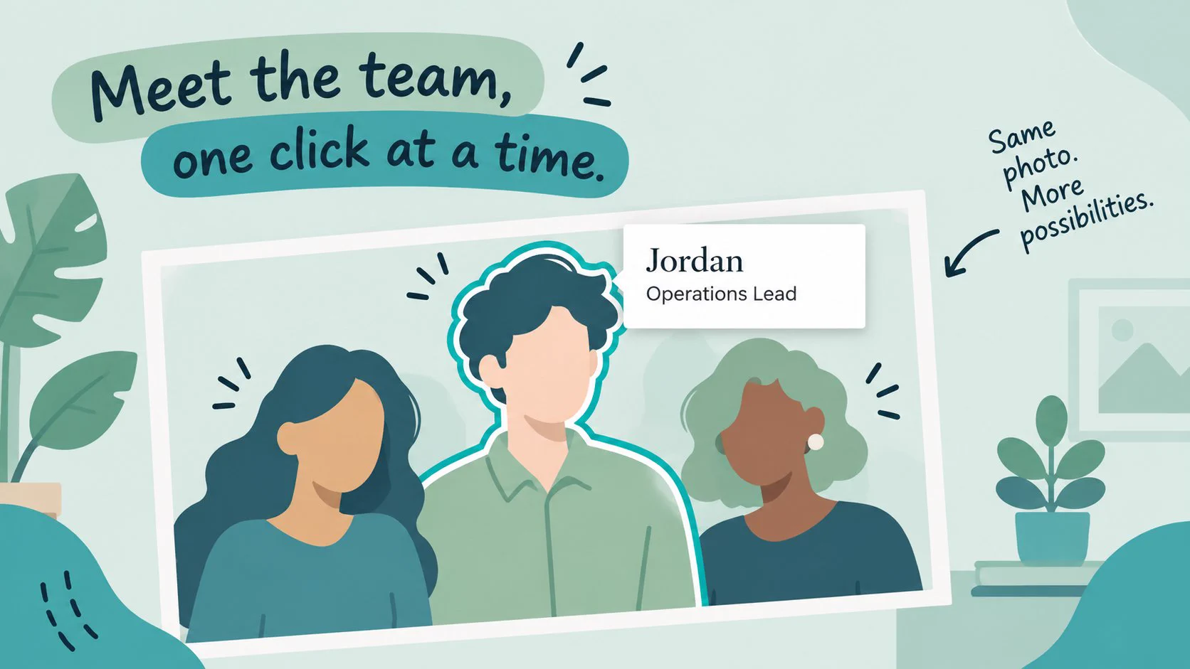 A team group photo with teal outlines drawn around a person and a popup card showing one person's name and role.