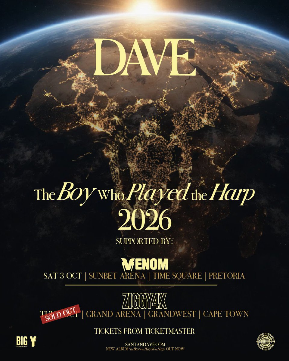 BigConcerts's tweet photo. South Africa, meet your support acts for @santandave 🇿🇦🔥

The Boy Who Played the Harp Tour lands in less than two weeks, with two homegrown names joining the line-up.

📍 Pretoria | 3 October 2026
⚡ Support: @venomzm

Venom is a leading RnB and Hip-hop DJ, producer and artist. Renowned for his eccentric mixes and innovative technical skill, he has become a household name across Southern Africa.

📍 Cape Town | 6 October 2026 (SOLD OUT)
⚡ Support: @ziggy4x__

From Cape Town’s streets to the country’s biggest stages, Ziggy is redefining South African trap with a style rooted in loyalty, grit, and unshakeable authenticity.

🎟 Limited Pretoria tickets at https://t.co/wxCvCkgsB5 or @ticketmasterza

#DaveSA26 #AnotherBigConcertsExperience @yfm
