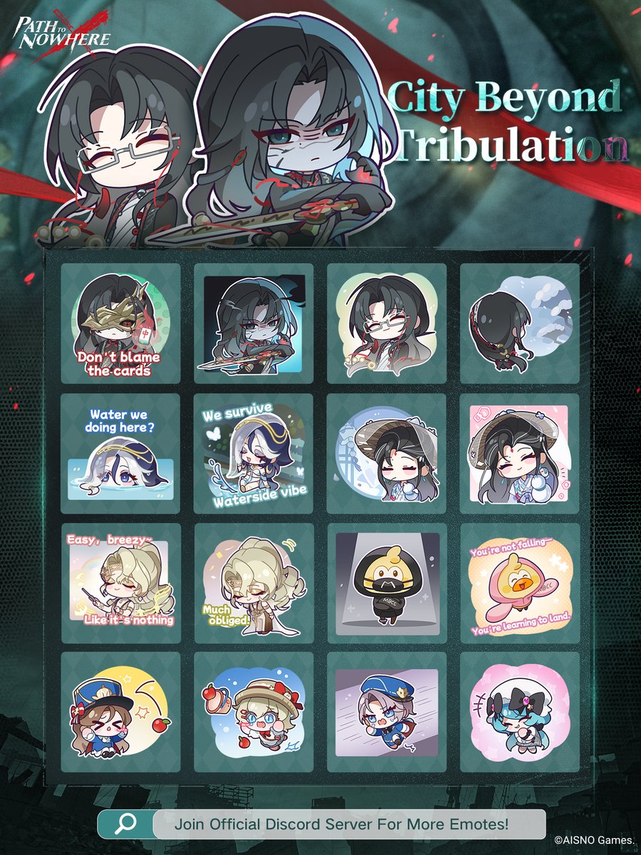 PathtoNowhereEN's tweet photo. ■ City Beyond Tribulation II

Chief, we have prepared new emotes for you! Download here: https://t.co/QSF29AOZGn
Join the official Discord server for previous emotes: https://t.co/EZYBa775B4

#PathtoNowhere #PTN #CityBeyondTribulation https://t.co/b5hHcW2WEr