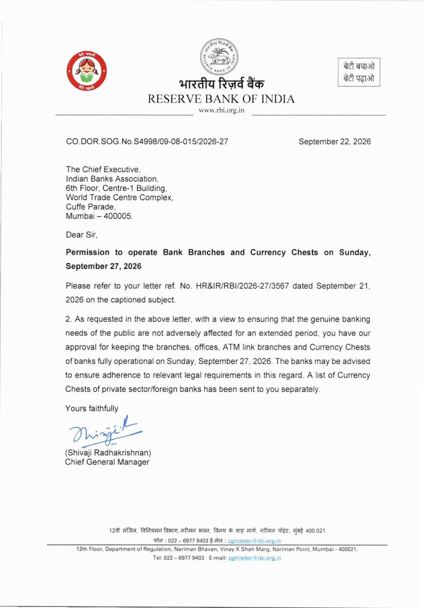 Hellobanker_in's tweet photo. RBI has given approval to open Banks on Sunday - 27 September 2026

Read details: https://t.co/AwTXHHujyo https://t.co/gIffF1jLs6