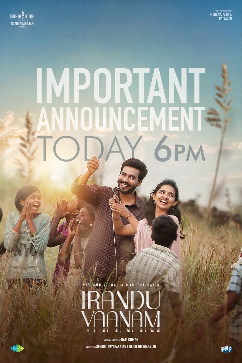 SathyaJyothi's tweet photo. Every sky has a story.
But what happens when there are two?

6PM. 
Today.
#IranduVaanam

A film by @dir_ramkumar.

Starring @TheVishnuVishal @_mamithabaiju.
A @dhibuofficial musical.

@SathyaJyothi @arjun1on @Dinesh_K_Babu @Sanlokesh @artdirectorgopi @ParthiSnathan @saisiddharth_ @VickyStunt_dir @teamaimpr @saregamasouth @TheMugDigital