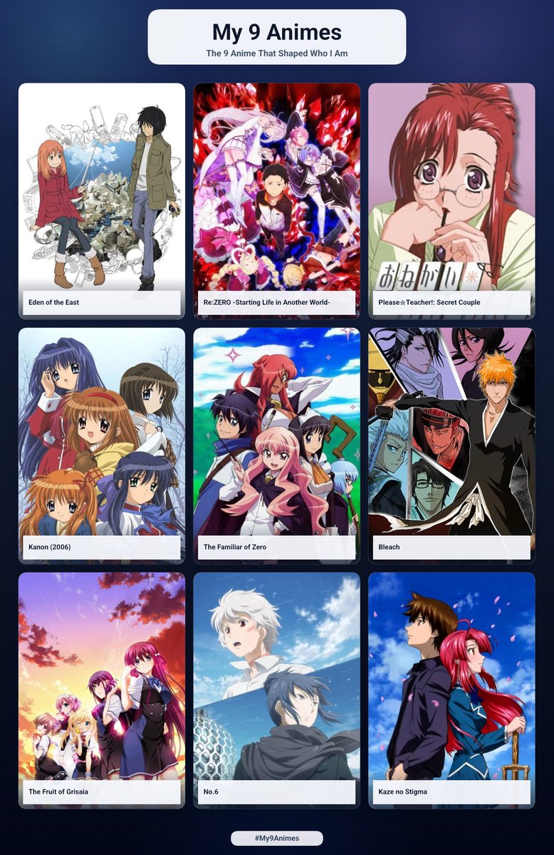 ShinyLibre's tweet photo. also did the 9 anime that shaped me. there's prolly like 100 others that could fit here, but these are some of my goats and core parts of my early watching years https://t.co/sJbxph1kkW