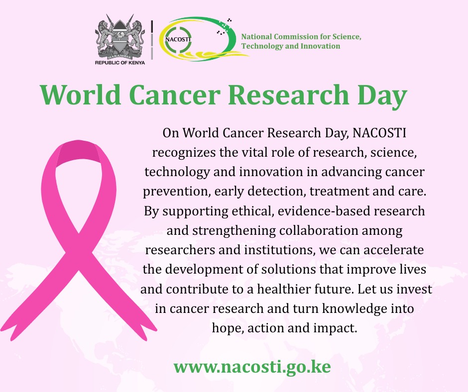 nacosti's tweet photo. This year's theme is “Advancing Cancer Research Together”. The day was established through the collaboration of organisations, associations and researchers from around the world to defeat cancer.

#WorldCancerResearchDay
#CancerResearch
#ScienceForProsperity
#REI
#RSTI https://t.co/2YOdpeqsvn
