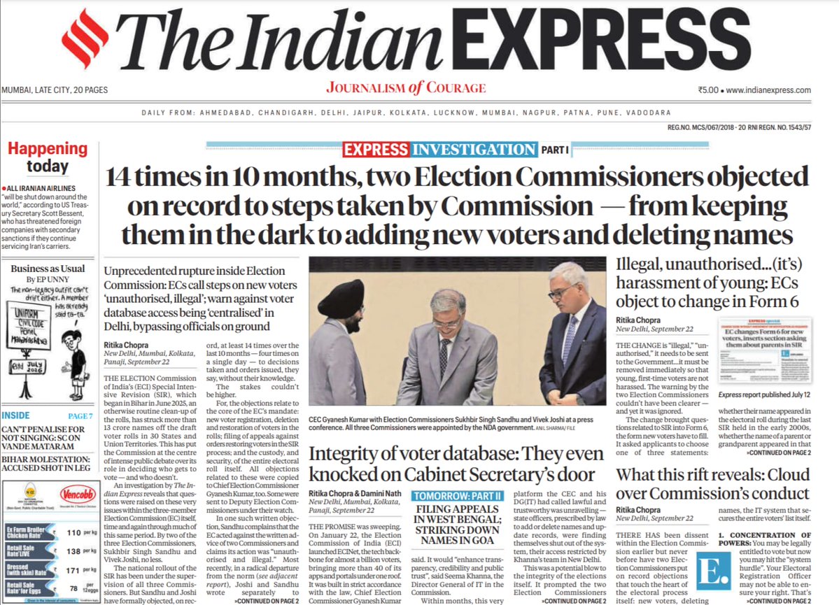 FOX_IN_THE_BOX7's tweet photo. இன்றைய @IndianExpress-ல் வெளியாகியுள்ள செய்திக் குறிப்பைப் படிக்கும்போது, S.I.R-ஐ தமிழ்நாடும் தி.மு.கழகமும் குறைத்து மதிப்பிட்டுவிட்டதாக எண்ணத் தோன்றுகிறது.

SIR-ஐ கையாளும் மையப்படுத்தப்பட்ட Software, Electoral Registration Officer-ஐ விட அதிகாரமிக்க ஒன்றாக இருப்பதாகச் சொல்கிறது இந்தக் குறிப்பு.

தேர்தல் ஆணையர்களுள் இருவர் (ECs) கேள்வியும் ஐயமும் எழுப்பிய பிறகும், எவ்வித ஆலோசனையும் இன்றி பல முடிவுகள் தலைமைத் தேர்தல் ஆணையரால் (CEC) எடுக்கப்பட்டிருக்கின்றன.

தேர்தல் ஆணையத்தின் அனைத்து முக்கிய முடிவுகளின் மீதும் மிகப்பெரும் கேள்வியை இந்த நடைமுறை எழுப்பியுள்ளது.

நடுவரே ஒரு சார்பெடுத்து செயல்பட்டிருப்பின், அந்தப் போட்டி நடுநிலையோடு நடைபெற்றிருக்க வாய்ப்பில்லை.

Constitutional Body-யான தேர்தல் ஆணையமே இப்படி வெளிப்படைத்தன்மை இன்றியும், மையப்படுத்தப்பட்ட அமைப்பாகவும் செயல்படுவது கடும் பிரச்சினைக்குரியது. இது, நாம் ஜனநாயகத்தின் மீது கொண்டிருக்கும் நம்பிக்கையையே கேள்விக்குள்ளாக்கும் நிகழ்வாகும்.

அவசியம் வாசிக்க வேண்டிய செய்திக் குறிப்பு:

[The Indian Express — SIR தொடர்பான செய்தி](https://t.co/sm1gYnZnZ8)

#SIR  #GyaneshKumarResign