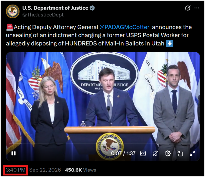 7thDean's tweet photo. The US Department of Justice drops a "Future Proves Past" "Q" proof...🐸😉 

The U.S. Department of Justices post "announcing the unsealing of an indictment charging a former USPS Postal Worker for allegedly disposing of HUNDREDS of Mail-In Ballots in Utah" has a timestamp of 3:40 PM EST

Q 340
Tweet from TrumpSoldier (@DaveNYviii)
The Inspector General Report into the 2016 Election and the Hillary Clinton Investigation contains 1.2 Million documents. Production date: January 15th, 2018 #RosensteinHearing

We are on the team

You are learning.
News unlocks map.👈
Future proves past.👈
Not everything can be stated 1:1.
Q

This is not a coincidence, news of the unsealing of an indictment charging a former USPS postal worker for disposing of hundreds of mail in ballots is big, and like Q said, News unlocks the map and the Future has proved the past...🐸😉 

Pay attention because the News will continue to unlock the map and future will continue to prove the past.....🔥🔥🔥 

NOTHING CAN STOP WHAT IS COMING!💀⚖️😎