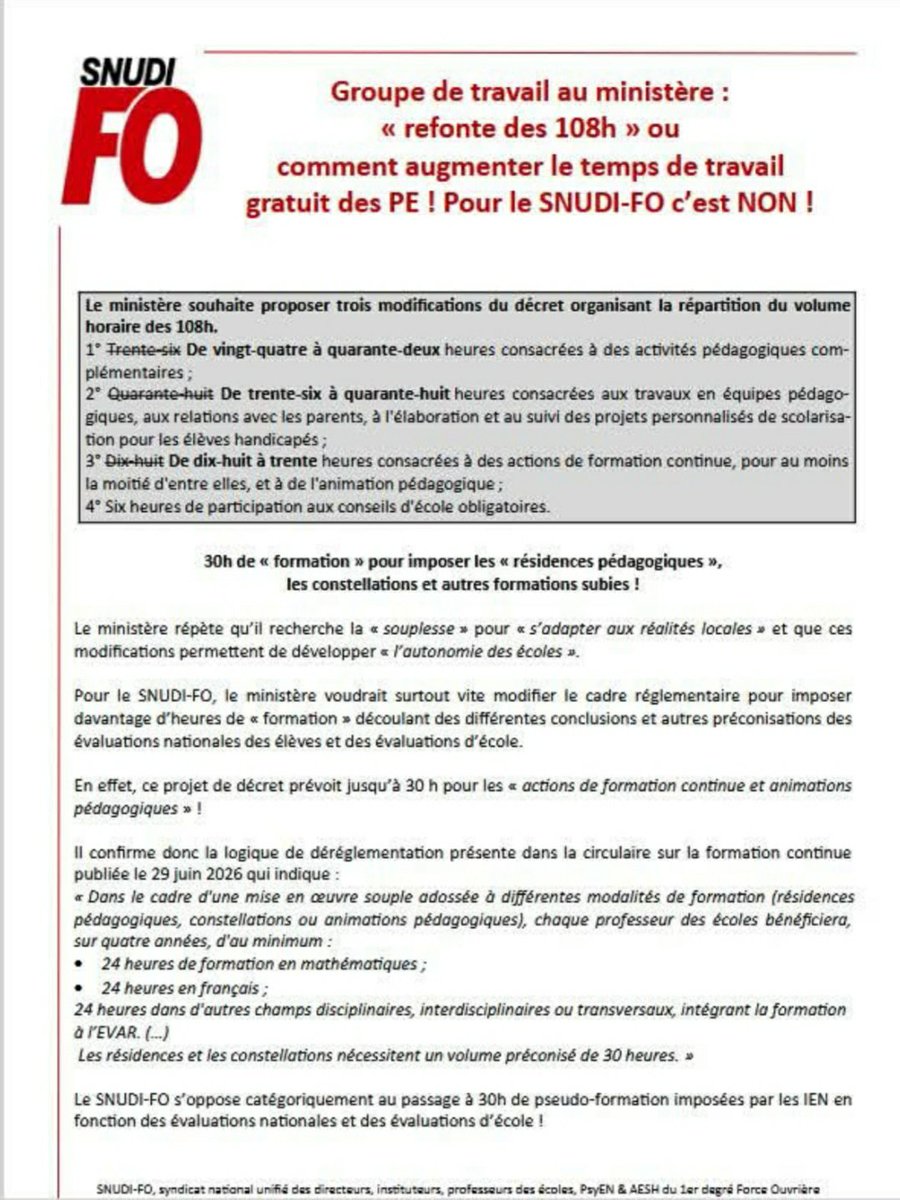 FoSnudi's tweet photo. Groupe de travail au ministère : « refonte des 108h » ou comment augmenter le temps de travail gratuit des PE ! Pour le SNUDI-FO c’est NON !

Retrouvez l'intervention du SNUDI FO à la sortie du GT : https://t.co/5q8xtvn4ys https://t.co/9OXEkTjANp