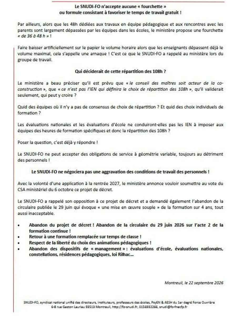 FoSnudi's tweet photo. Groupe de travail au ministère : « refonte des 108h » ou comment augmenter le temps de travail gratuit des PE ! Pour le SNUDI-FO c’est NON !

Retrouvez l'intervention du SNUDI FO à la sortie du GT : https://t.co/5q8xtvn4ys https://t.co/9OXEkTjANp