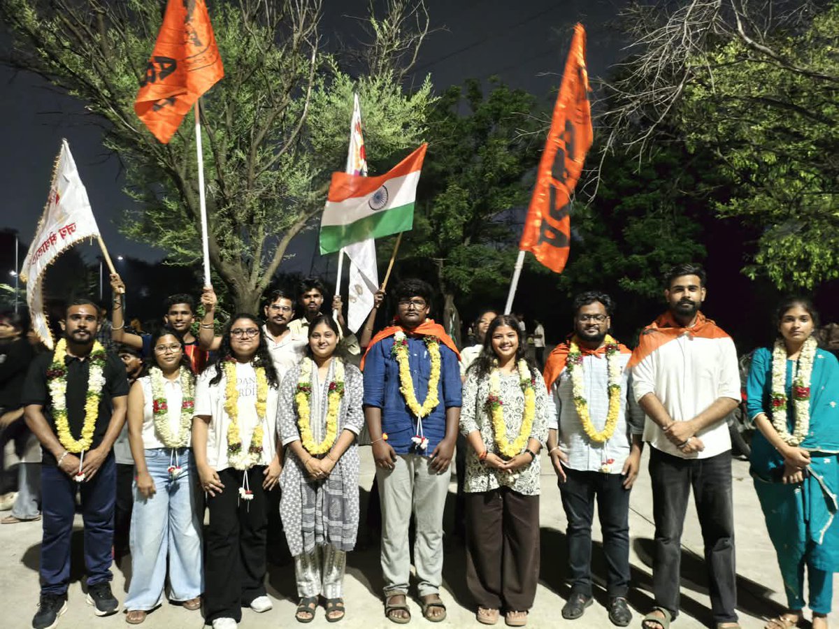 ABVPTelangana's tweet photo. 🚩 HCUSU 2026–27 ABVP–SLVD Panel 
President: Naresh P
VP: Barsharani Behra
GS: Venisa Choudhary
JS: Saptagiri
Cultural: D. Madhur | Sports: Banoth Sai
GS CASH: Jiya Sherin | Chaitanya Sai | Soni Barala

#HCUSU2026 #ABVP #SLVD #HCU https://t.co/X963U5uUs6