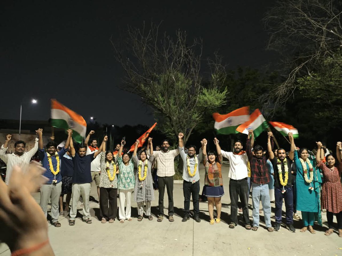 ABVPTelangana's tweet photo. 🚩 HCUSU 2026–27 ABVP–SLVD Panel 
President: Naresh P
VP: Barsharani Behra
GS: Venisa Choudhary
JS: Saptagiri
Cultural: D. Madhur | Sports: Banoth Sai
GS CASH: Jiya Sherin | Chaitanya Sai | Soni Barala

#HCUSU2026 #ABVP #SLVD #HCU https://t.co/X963U5uUs6