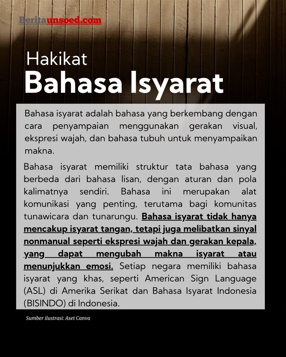 LPMSketsa's tweet photo. Bahasa isyarat adalah bahasa yang berkembang dengan cara penyampaian menggunakan gerakan visual untuk menyampaikan makna. Bagi komunitas tunawicara dan tunarungu, bahasa isyarat merupakan alat komunikasi utama dalam berekspresi.

Baca selengkapnya di https://t.co/VsglwxmsZl https://t.co/YDgt8nAhab