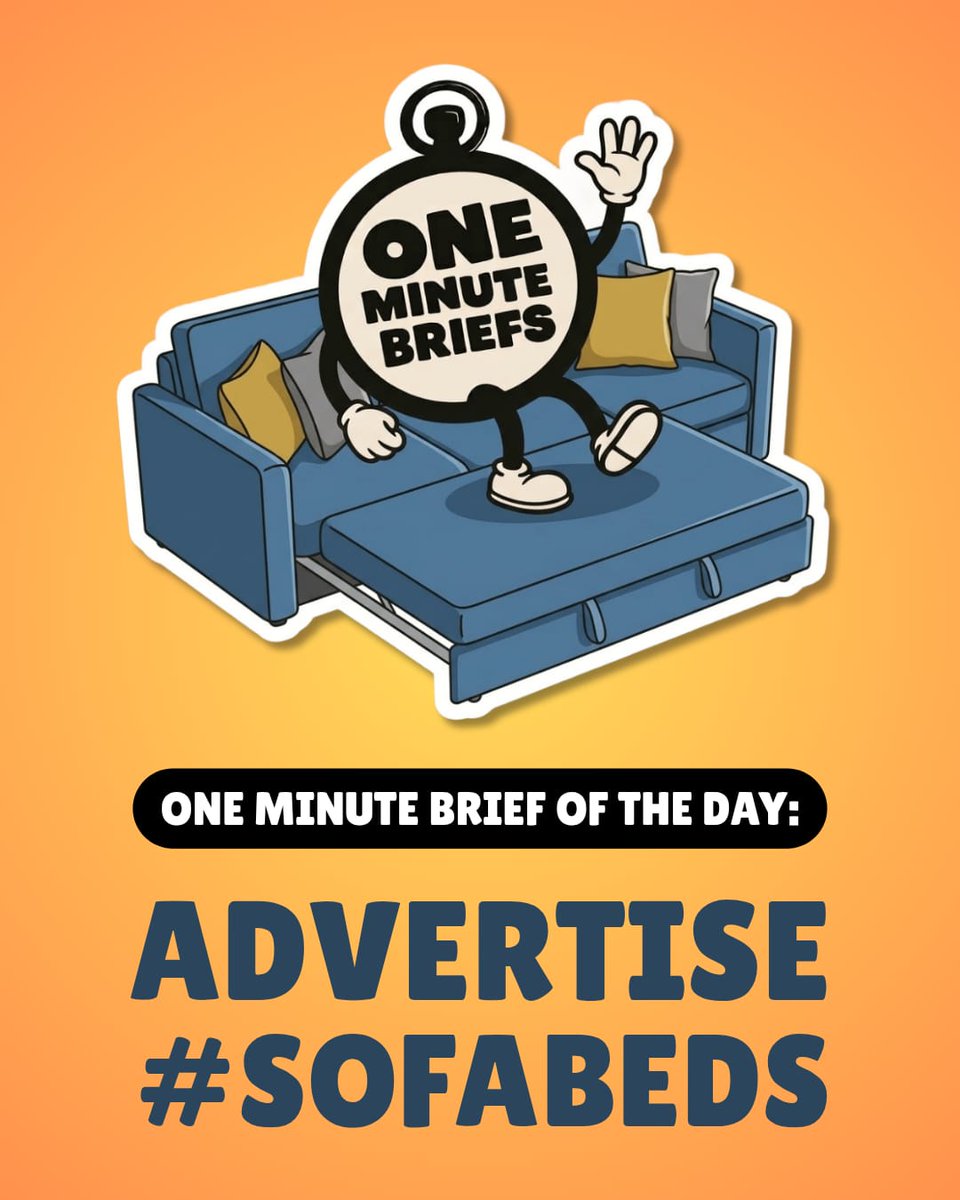 OneMinuteBriefs's tweet photo. One Minute Brief of the Day - 23/09/26
Create posters to advertise #SOFABEDS 🛋️ 

💡 Enter today’s brief on X and/or LinkedIn to feature on our daily Facebook Round-Up.

📲 You can also share submissions on Insta via posts & stories.

* Notes/Scribbles/Designs all welcome. 
* Enter as many times as you like.
* Remember to add your name/handle in the top-left corner. 

🔄 Likes/Reposts appreciated. Sharing is caring. 

⏱️ Deadline 6pm BST

The daily creative competition for quick-thinkers, advertising creatives, copywriters, graphic designers and marketing enthusiasts…

Everyone’s welcome. 👋