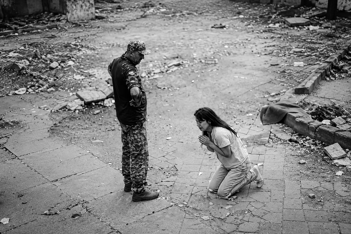 johannesmkx's tweet photo. It's still my opinion that the war between the West and Russia is entirely fake, meaning that its purpose is to kill off as many White men and women as possible. It's about our genocide, so that White women staying behind will be forced to continue living with mass immigrant males from Africa, the Middle East and India. They're killing us to help install Eastern despotism, i.e. global communism.

Pictured: Ukrainian woman begging a recruitment officer not to take her husband.