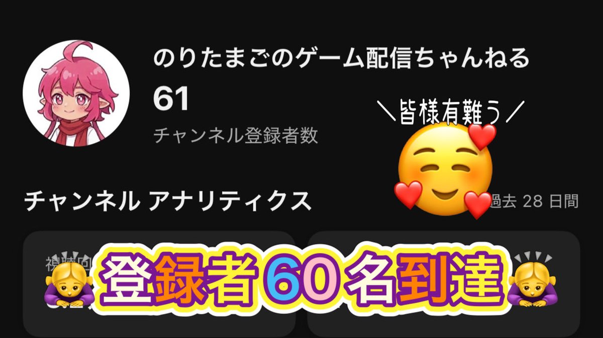 nori_tamago_88's tweet photo. 【御礼】
今朝起きたら登録者が目標の60名様に到達しておりました🙇‍♀️
とても嬉しいです。登録くださった皆様本当に有難う御座います。
次は70名様を目指して頑張ります。
https://t.co/9XICowO1cP https://t.co/jOLttV7Lbl