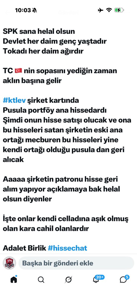 gokhanbilik1's tweet photo. Ağustos 8 , 2026 

Sonuç değişmez demiştim 
Şirket patronu alım yapacağını açıklamıştı 

Zuhahaha demiş altına olanı biteni ne yaptıklarını açıklayarak anlatmıştım 

Sonuç değişmedi 

56 TL dan 16 TL ya #ktlev 
Yazık 

Adalet Birlik 🇹🇷 Gökhan Bilik
❗️A TAKIMI❗️🇹🇷 #hissechat https://t.co/Oa9IkPU19Z