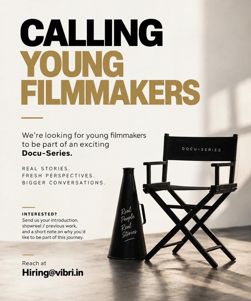 ccl's tweet photo. CALLING YOUNG FILMMAKERS 🎬

Be part of an upcoming Docu-Series.

REAL STORIES.
FRESH PERSPECTIVES.
BIGGER CONVERSATIONS.

Send your intro, showreel / previous work, and a short note on why you’d like to be part of this journey.

📩 hiring@vibri.in

#YoungFilmmakers #DocuSeries #Filmmaking #Storytelling #SIIMA #CCL