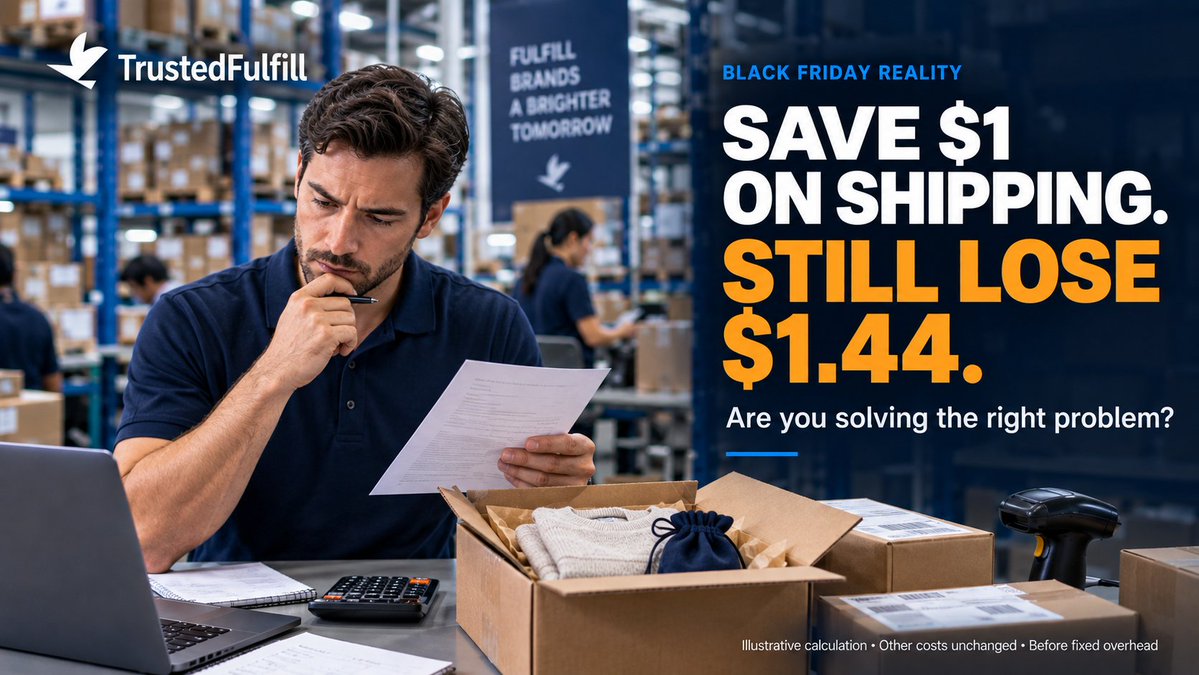 Trustedfulfill's tweet photo. 📉 You negotiated cheaper shipping. Your Black Friday order still loses money.

We ran the numbers on this Shopify offer:

• 20% off a $60 product
• Free shipping
• A gift that costs $4

Revenue: $48.
After product, fulfillment, payment, marketing, and expected post-purchase costs: −$2.44.

Fixed overhead hasn’t been covered yet.

Save $1 on shipping?
You’re still losing $1.44.

🔍 A better shipping rate can help. It may not be enough to make the offer work.

In this breakdown, adding the gift increases total order costs by $7.60 compared with the same promotion without it.

Budget only for the gift’s $4 purchase price, and you miss several costs that change with the parcel.

Would a smaller discount leave enough?
How much could you afford to spend on shipping and still hit your target?

We compared three carts and calculated the results of different adjustments.

👉 Before increasing ad spend, see whether you need to change the shipping—or the offer:
https://t.co/vXzmXwJBqx

#Shopify #BlackFriday #Trustedfulfill