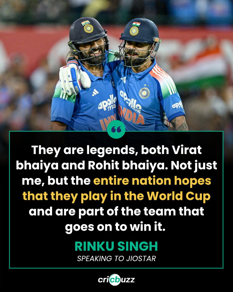 cricbuzz's tweet photo. Like the rest of India, Rinku Singh too hopes to see Rohit Sharma and Virat Kohli at the 2027 World Cup 🏆 https://t.co/v6XK1E6DM3
