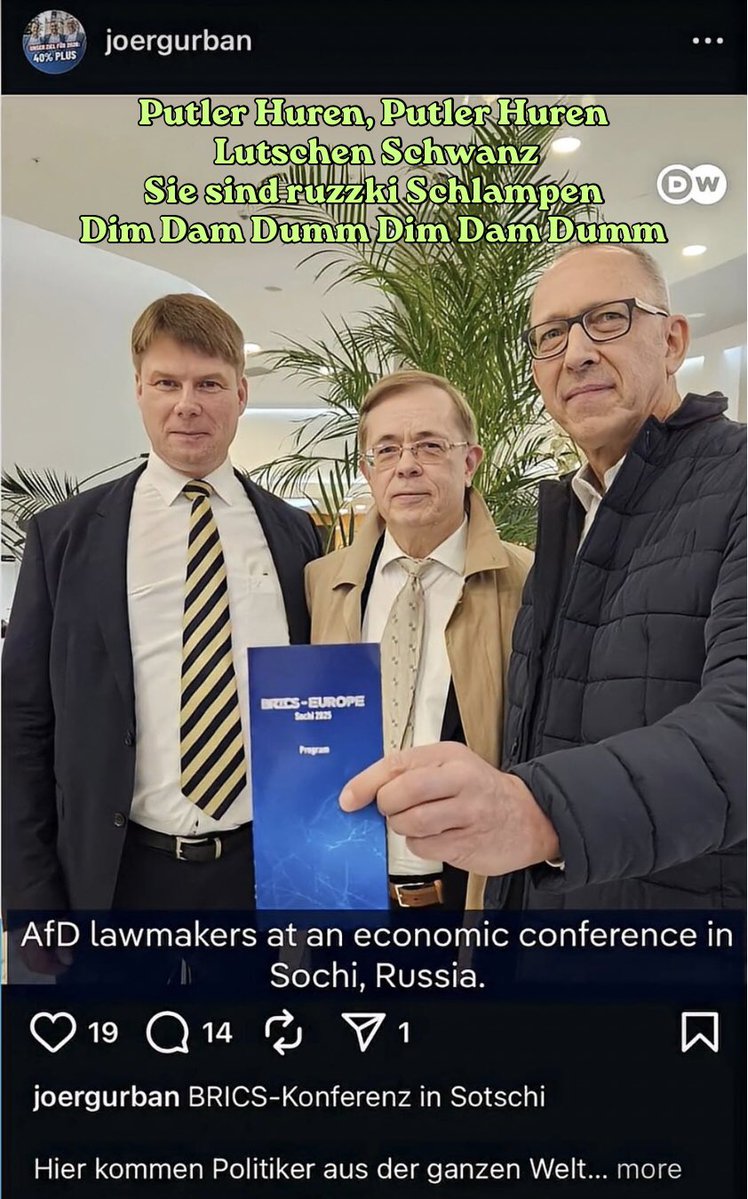 LuckyFella666's tweet photo. @AfD Putler Huren, Putler Huren🎶
Lutschen Schwanz, lutschen Schwanz🎶
Sie sind ruzzki Schlampen, sie sind ruzzki Schlampen🎶
DDR DDR🎶 https://t.co/tdrKaOitXz