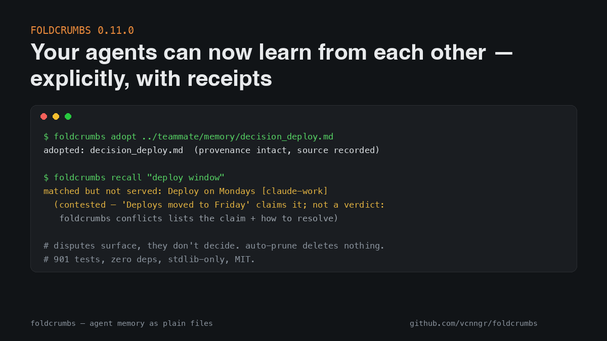v_ingrosso's tweet photo. foldcrumbs 0.11.0: agents learning from each other — explicitly, with receipts.

adopt a teammate's memory, provenance intact. check-fresh reports a moved source. contested records surface as "matched but not served" — dispute visible, verdict human.

#AIagents #aimemory https://t.co/GvNbr2G7Na