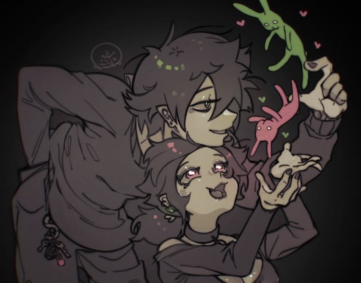 BlackleyBlack's tweet photo. 🖤 Andrew &amp; Ashley with their bunny plushies • soft affectionate moment • green &amp; pink bunnies 💕✨

#AndrewGraves #AshleyGraves #TCOAAL #TheCoffinOfAndyAndLeyley #AndyAndLeyley #Fanart #AnimeArt https://t.co/23b5R7tWy6