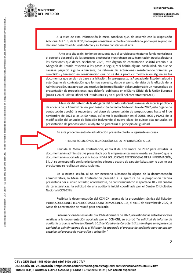 GuillermoRocaf1's tweet photo. URGENTE🎯: el “PUCHERAZO” en las Elecciones Generales del 2023 😱 de INDRA en España en colaboración con MARLASKA y la Abogacía del Estado en el CONTRATO PÚBLICO para el ESCRUTINIO PROVISIONAL 👇

¿Sabías que el Ministerio del Interior y la Abogacía del Estado COCINARON un PUCHERAZO para asignarle a INDRA el contrato público de escrutinio provisional en las Elecciones del 2023? 🧐👇

Pasos:

1.- INDRA retiró legalmente su oferta para licitar dicho contrato

2.- La Mesa de Contratación declaró desierto el concurso

3.- La Abogacía del Estado recomendó modificar las condiciones de la contratación para que INDRA consiguiera el contrato

4.- El Ministerio del Interior abrió de nuevo dicha licitación para asignarle a INDRA el contrato del PUCHERAZO de @sanchezcastejon
 
5.- El CNI validó dicha asignación

6.- SÓLO INDRA PUEDE HACER EL ESCRUTINIO PROVISIONAL EN ESPAÑA 😡✅⚠️

Las ELECCIONES del 2023 FUERON ROBADAS