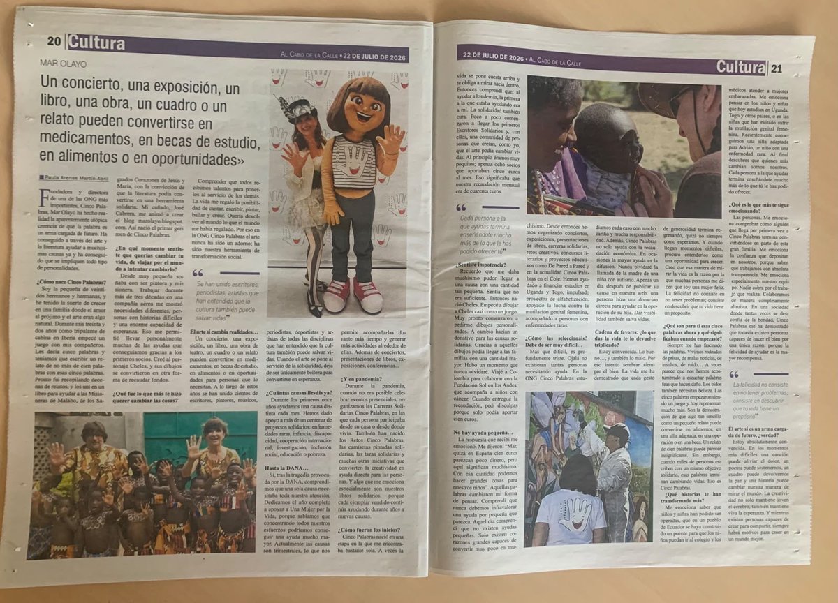 5palabras5's tweet photo. nuestro agradecimiento al periódico  @alcabodelacalle por la magnífica entrevista realizada a nuestra presidenta y fundadora, @marmarolayo, dando voz a nuestra  labor. 

📰 https://t.co/vNcq9mgPDK

#Solidaridad #AlCaboDeLaCalle #Cultura #CincoPalabras #Chelesysusdislates https://t.co/RRIn29Dg2V