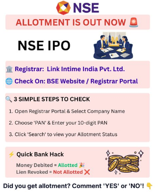 UnlistedXChange's tweet photo. NSE Allotment is out. Kindly check your bank and demat account.
Tomorrow is the big day, NSE will list on BSE.
#NSE #NSEIPO #Unlisted #IPOs #IPO #IPOAlert #Allotment #Unlistedmarkets #PreIPO https://t.co/CXSVwmLN2u