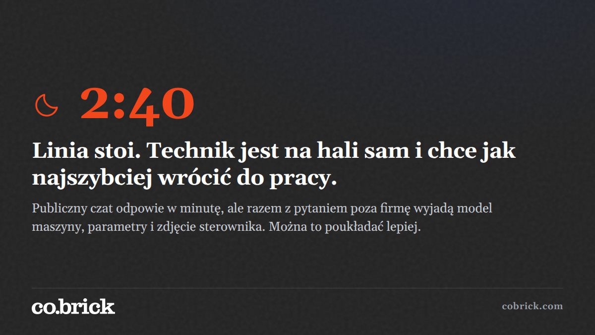 cobrickpl's tweet photo. Jest 2:40, linia stoi, technik jest na hali sam. Robi zdjęcie sterownika i pyta publiczny czat, bo chce jak najszybciej wrócić do pracy. Trudno mieć do niego pretensje. Można za to zadbać, żeby najszybsza droga do odpowiedzi nie wyprowadzała danych poza zakład. https://t.co/QtkHtlURNu