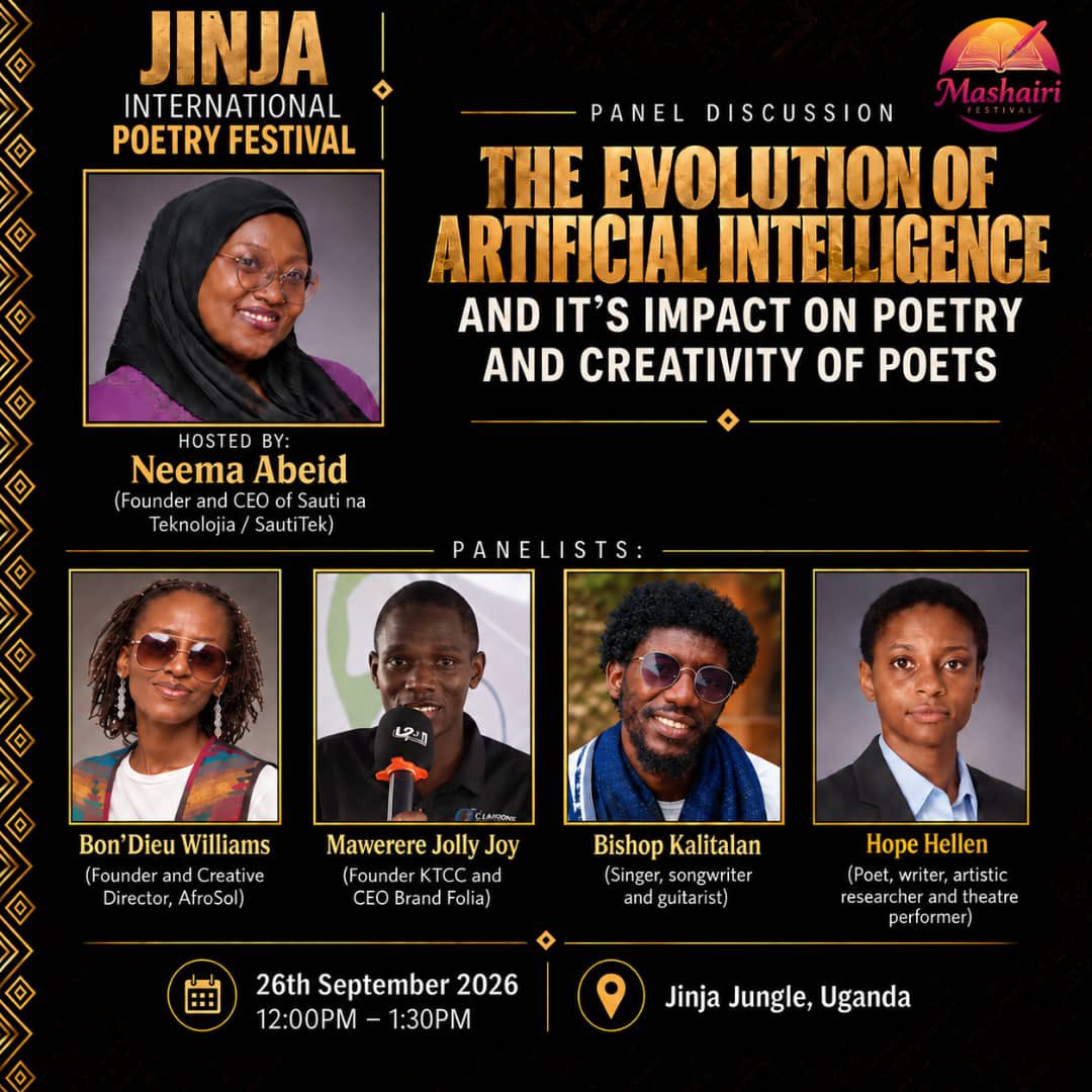 MawerereJolly's tweet photo. I am thrilled and honored to be part of the panel discussion of the JINJA INTERNATIONAL POETRY FESTIVAL @JinjaPoetryFest under the theme The Evolution of AI. Please let us all be part of the Creative Annual Festival. https://t.co/TJApztfVVj
