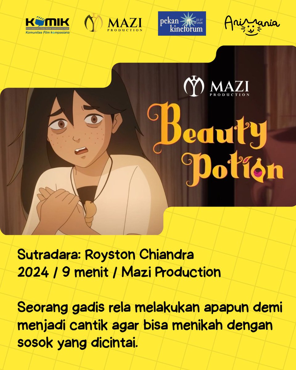 animaniaid's tweet photo. @komik_ksiana Saksikan selengkapnya di Road to Animania pada Jumat, 25 September 2026 di Bioskop Sjumandjaya, Taman Ismail Marzuki, Jakarta. Acara terbuka umum dan diselenggarakan secara gratis.

#RoadtoAnimania #Animasi #FestivalAnimasi #BeautyPotion https://t.co/djYLW4bjH2