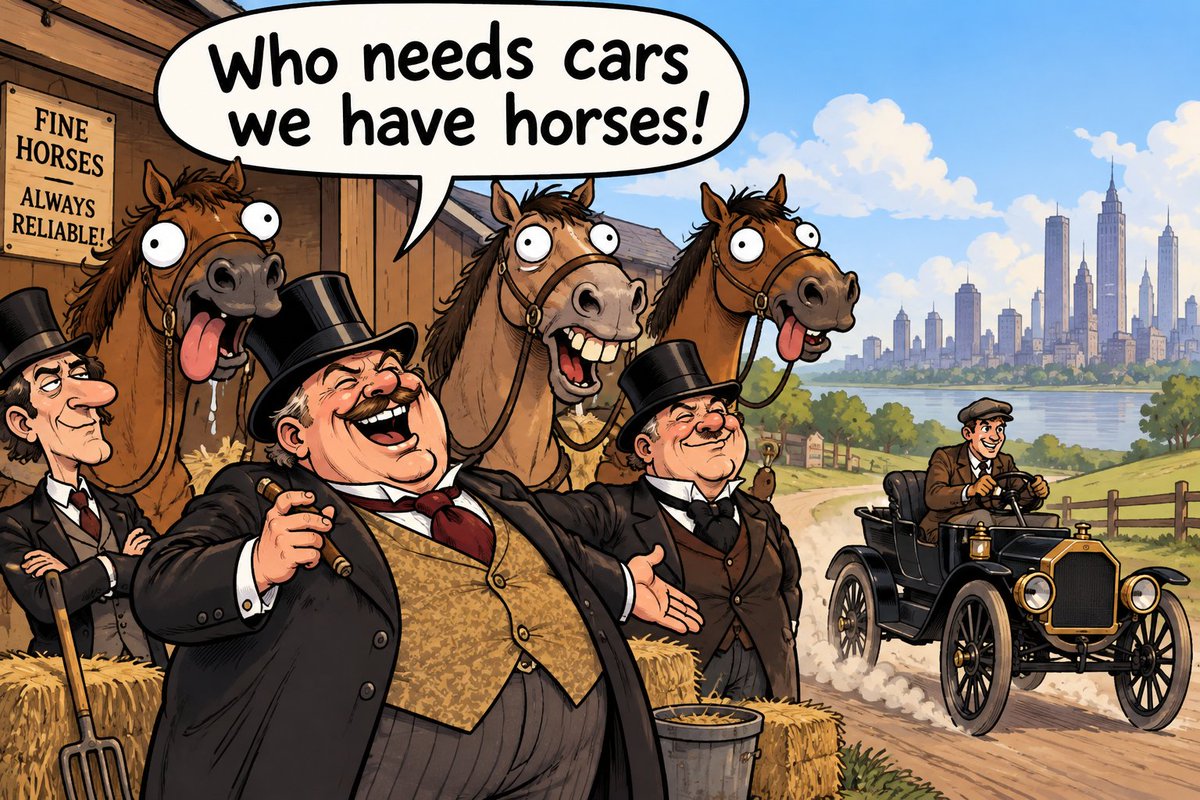 daniel_koss's tweet photo. Please read this quick post to understand how ridiculously similar AI bears today are to car skeptics 100+ years ago.

Horse dealers argued that cars were "too noisy and too smelly" to last.

Very similar to much of the data center FUD today ("turbines are dirty and loud") btw.

Later, they argued that horse demand and prices were still extremely strong, so clearly the automobile wasn't disrupting anything.

Literally the 1903 version of:

"AI has been around for years and software spending / employment / whatever is still growing!"

They argued cars were expensive toys for rich people that would never become mass market.

"AI only works because hyperscalers are spending hundreds of billions on it. Normal companies could never afford this!"

They argued automobiles were "crude, impracticable machines" that were too unreliable to replace horses.

"Look at this hallucination! Agents still make mistakes! You can't trust AI with real work!"

They argued cars might work for long journeys, but could NEVER replace horses for short trips and jobs involving lots of stops.

"Sure AI can write an essay or some code, but it will never handle complex real-world workflows with lots of edge cases."

They argued there wasn't enough gasoline available for cars to ever replace horses at scale.

"Where will all the electricity come from? ⚡ The grid can't handle this! There aren't enough GPUs! Data centers can't scale!"

They argued cars weren't actually more economical than horses.

"Look at the inference costs! There is no ROI! The capex will never pay off!"

One banker famously told an early Ford investor:

"The horse is here to stay, but the automobile is only a novelty, a fad."

Today's version requires no translation lol.

And my favorite might be Scientific American in 1909 arguing that the automobile had basically reached the limit of its development because there hadn't been a radical improvement in the previous year.

The 1909 version of:

"Scaling laws are over. Models are plateauing. We already picked the low-hanging fruit."

🐎 → 🚗

How many of you now go to work by horse? 🤭