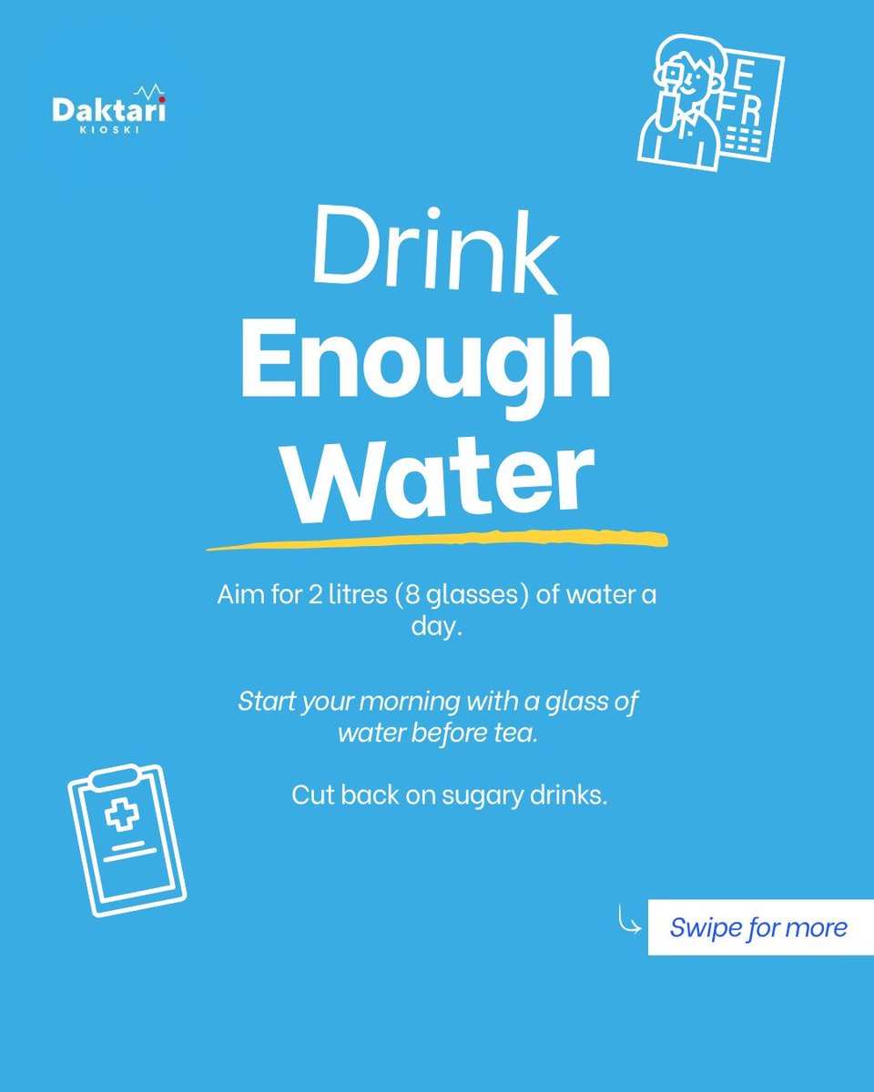 _daktarikioski's tweet photo. 5 simple habits can change your health story. 

From drinking enough water to getting quality sleep, small steps add up to a healthier you. 

Swipe through for 5 easy tips, and remember: your nearest Daktari Kioski is always here for your check-ups. https://t.co/vsPCTNX4VT