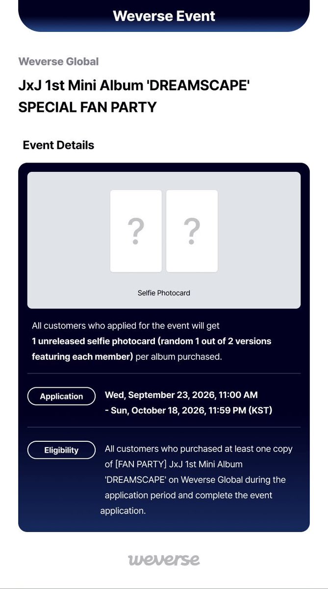sharing_jwon2's tweet photo. PO LOW PROFIT - JxJ 1st Mini Album 'Dreamscape' Weverseshop 
→ https://t.co/iCxos4tJFF

Standard ver 345k dp 250k
Weverse ver 170k dp 120k
Dream record ver 255k dp 200k
Kit ver 365k dp 300k

✅️ est bersih Ina
✅️ GO Line, dom Bekasi
✅️ payment ewallet, qris

#sharing_jwonPO https://t.co/VczujPWet2