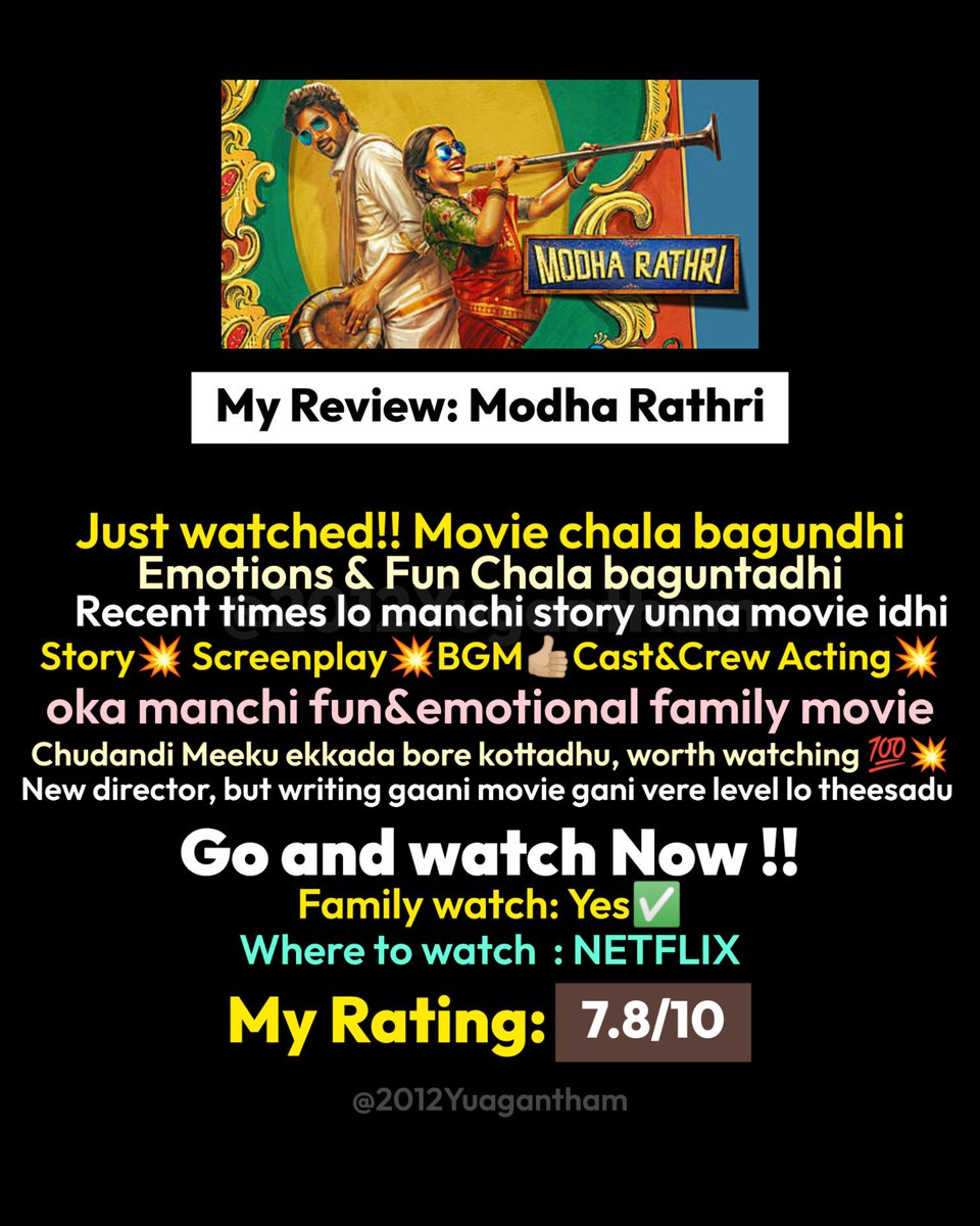 2012Yugantham's tweet photo. My Review of #ModhaRathri 
Manchi fun &amp; emotional movie 
Go and watch it.❤️💥 https://t.co/t8TsIplb9B