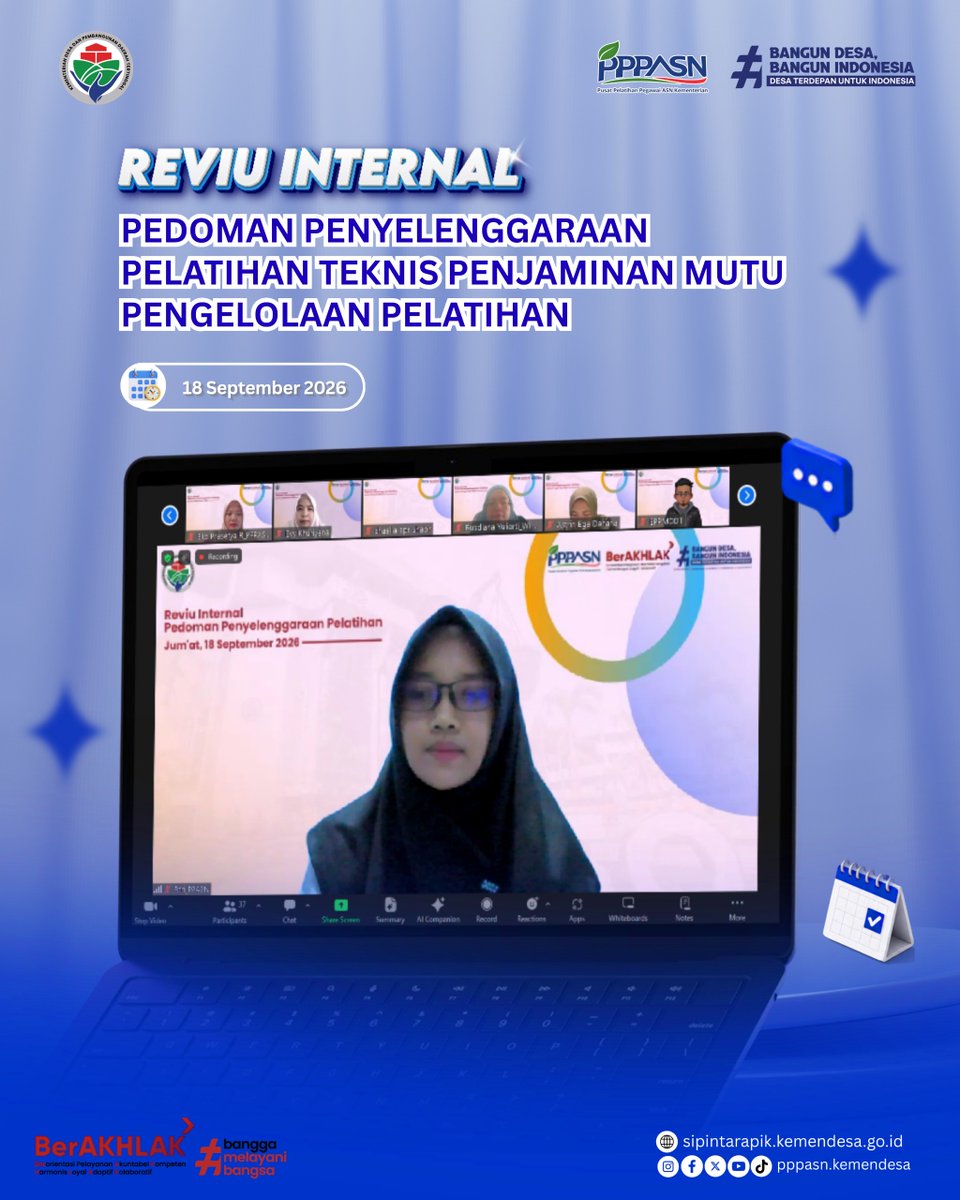PPASN_Kemendes's tweet photo. JAKARTA, (18/9) β Puslat Pegawai ASN melaksanakan Reviu Internal Pedoman Penjaminan Mutu Pengelolaan Pelatihan melalui Zoom Meeting. πβ¨
#PuslatASNKemendes
#KemendesPDT
#BangunDesaBangunIndonesia
#PenjaminanMutu
#CorporateUniversity https://t.co/0dLh6JiTn9