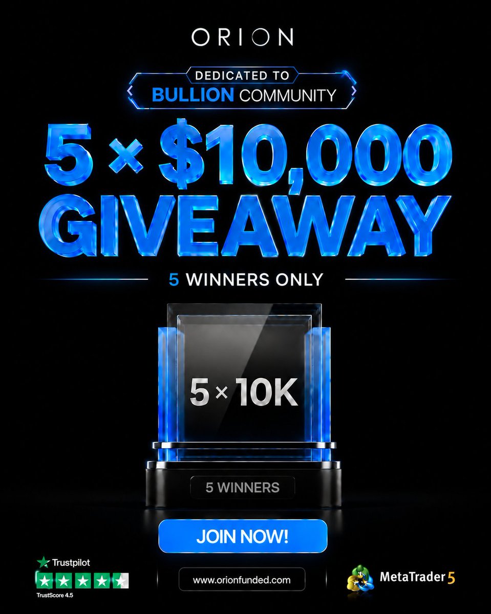 BullionBoss47's tweet photo. 🚨 GIVEAWAY ALERT 🚨

We’re giving away 5 × $10K Orion Funded accounts — that’s $50,000 TOTAL! 💰🔥

To enter:

1️⃣ Follow @BullionBoss47
2️⃣ Follow @OrionAffiliates
3️⃣ Follow @orionfundedcom
4️⃣ Follow @SareedMangaree
5️⃣ Like ❤️ &amp; Repost 🔄 this post
6️⃣ Tag 2 friends 👥 https://t.co/RCAKifdzOQ