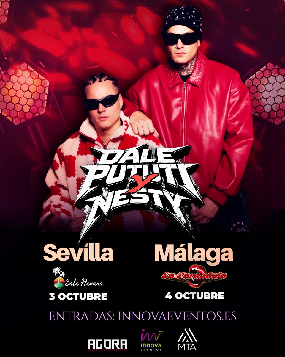innovaeventossp's tweet photo. 🔥🔥🔥En dos semanas tenemos a #DalePutiti y #Nesty en #Sevilla y #Málaga 🙌🏻🙌🏻🙌🏻
🎫 Compra ya tu entrada en ➡️ https://t.co/aTJeSTg7qL
¡Que no te lo cuenten! 🤩 https://t.co/J7HBNli6zP
