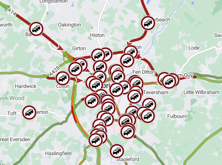 Cambs_Traffic's tweet photo. ⚠️#Cambridge
DELAYS on various routes heading into the city this morning with longer delays affecting:
#A10 #Milton
#A1134 Barnwell Road
#A1307 #Babraham Road
#A603 #Barton Road
#A1303 #Madingley Road
Please allow extra time for your journey. https://t.co/EHBgy6Ymdl