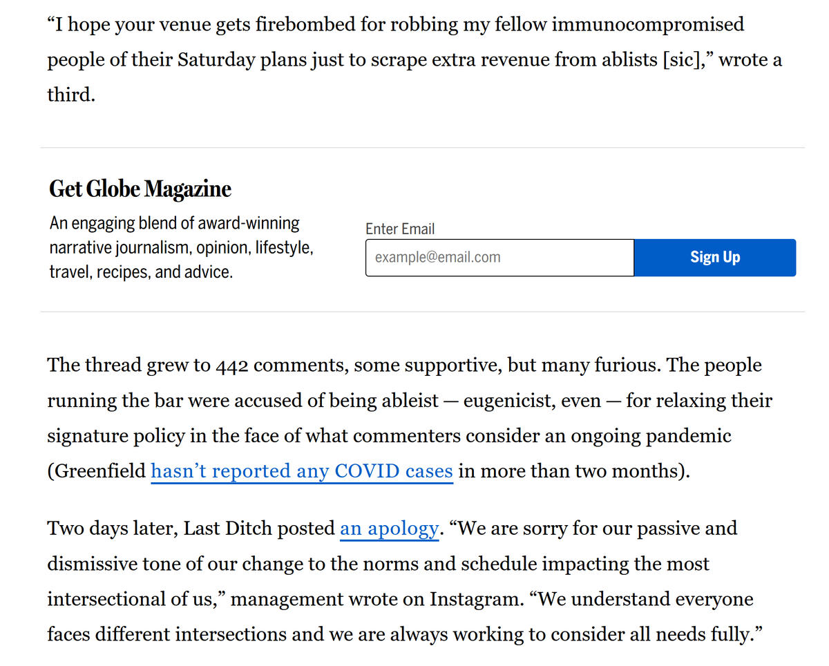 portraitinflesh's tweet photo. As a public service, I'm tweeting screenshots of the whole of THAT Boston Globe article, which is sadly paywalled, because it really is just that extraordinary and hilarious. These people are not well. Interesting that the only voice of reason is the trans woman bartender.

(1/4) https://t.co/hg5XajwfjO