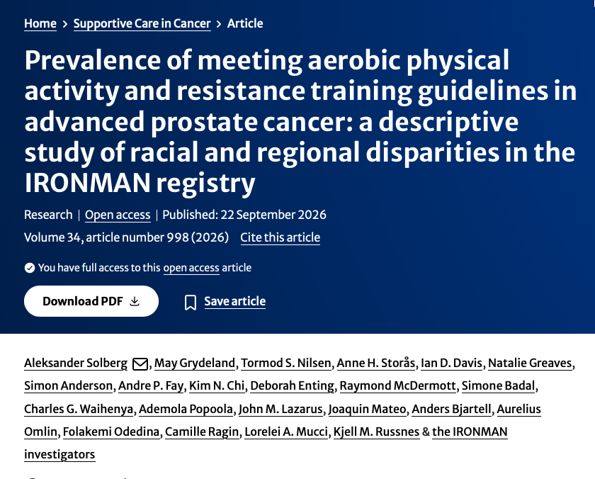 APCCC_Lugano's tweet photo. 🏃‍♂️ Are we doing enough to make exercise part of supportive care for advanced prostate cancer?

https://t.co/1TjTJ6iZgd

Prevalence of meeting aerobic physical activity and resistance training guidelines in advanced prostate cancer: a descriptive study of racial and regional disparities in the IRONMAN💪 registry

In 2,485 participants from the international IRONMAN registry, 58–63% met aerobic activity guidelines, but only 19–23% achieved recommended resistance training levels. Participation was particularly low in African 🌍  regions, where just 0–3% met resistance training guidelines.
➡️ Black participants and those from Africa had lower odds of meeting aerobic activity recommendations.
✅ The findings highlight important geographic and racial disparities and the need for tailored exercise strategies in advanced prostate cancer care.

@Alekssolberg1, @nat_greaves, @Prof_IanD, @DrAndreFay, @DebEnting, @RayMcDermott1, @SimoneBadal, @APoopola, @JohnLazarus01, @quimmateo, @bjartell, @AOmlin, @camilleragin, @loreleimucci, @IRONMANregistry 

@OncoAlert  🚨 #LPCCC27
@Silke_Gillessen 
@AOmlin 
@ProfKHerrmann 
@weoncologists