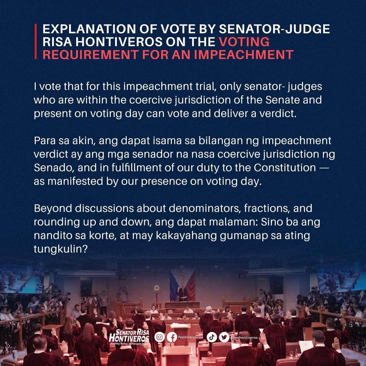 eiyend_stark's tweet photo. Sen. Risa Hontiveros Vote Explanation. 

"Malinaw ang aking boto: kung sino yung mga senador na nasa coercive jurisdiction ng Senado, at yung aktuwal na naririto para gampanan ang tungkulin na bumoto, tayo lang ang dapat bilangin pagdating sa final verdict."

Link - https://t.co/TeRfyVaksc

#RisaHontiveros #VPonTrial