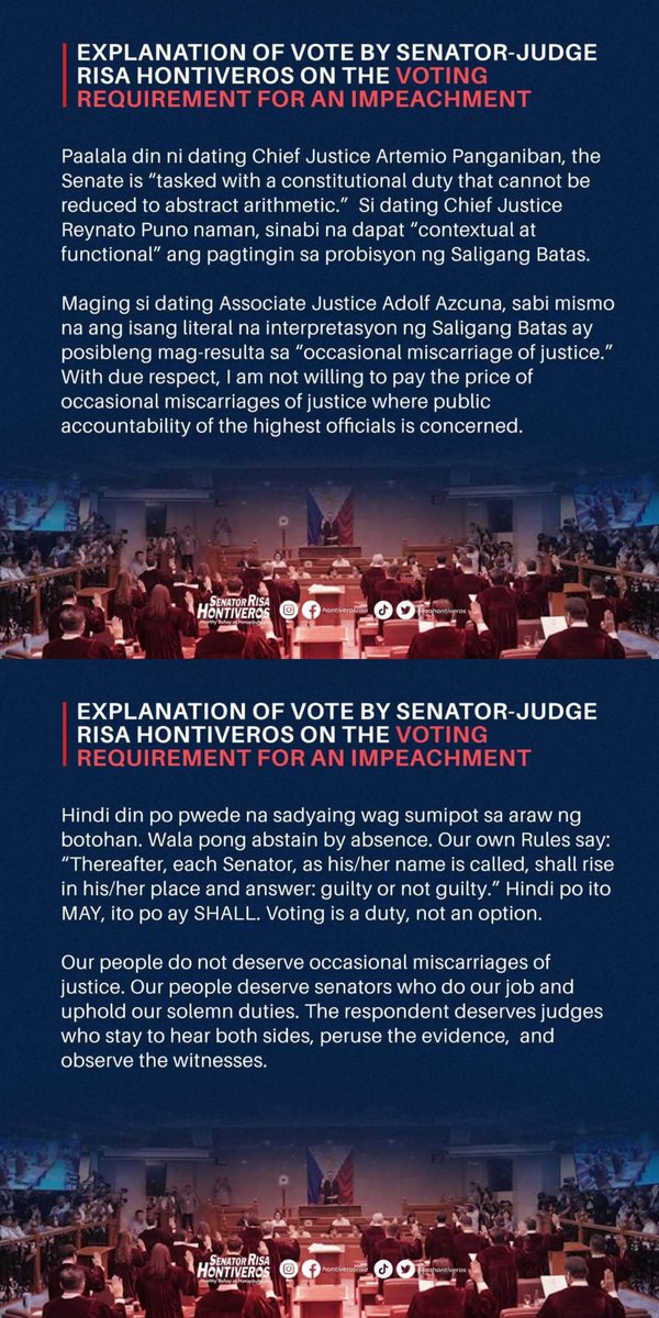 eiyend_stark's tweet photo. Sen. Risa Hontiveros Vote Explanation. 

"Malinaw ang aking boto: kung sino yung mga senador na nasa coercive jurisdiction ng Senado, at yung aktuwal na naririto para gampanan ang tungkulin na bumoto, tayo lang ang dapat bilangin pagdating sa final verdict."

Link - https://t.co/TeRfyVaksc

#RisaHontiveros #VPonTrial
