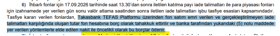 mehmet_taylan's tweet photo. Tasfiye sürecinde ilk adım olan pay sahiplerinin belirlenmesi ve mutabakatı tamamlandı. Şimdi ikinci adım olan borç alacak tespiti ve mutabakatı süreci başladı. Bunun içinde süre 2026/61 sayılı bültende belirlendiği üzere 10 işgünü.
Bu sürecin tamamlanması sonrası aynı bültenin 5 ve 6. maddelerinde belirtildiği üzere fon bazında gerçekleştirilecek varlık nakde dönüşümü ile elde edilen nakit ile "fon satım emri verilen ve gerçekleştirilemeyen tutarlar"(PBLK durumundaki) öncelikli olarak ödenir.
https://t.co/gNGGafI0XN