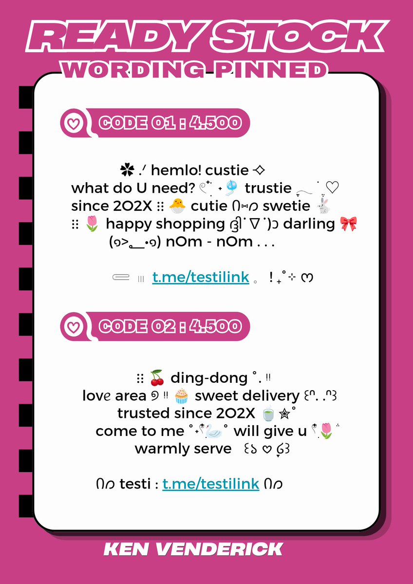 KENVENDERICK's tweet photo. HELP RT BOLEH? Thank you 🎸

Selamat siang, saya bawa ready stock wording bio dan wording pinned yang bisa ditake dengan harga tertera yaa! 

────⋆⋅☆⋅⋆────
⋮⋮ BIOㅤㅤ  : 3.500/ea
⋮⋮ PINNED : 4.500/ea
────⋆⋅☆⋅⋆────

Mari jajan! 🙌🏻
#zonauang https://t.co/fv849BSFnC